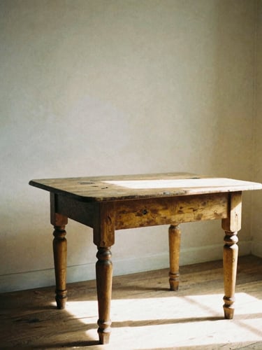 Cozy authentic French apartment interior with warm afternoon sun, a beautifully restored vintage wooden table in the center, 35mm lens, realistic everyday life