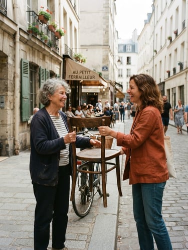 A warm authentic photo of a vintage wooden chair being handed over between two smiling neighbors on a sunny Parisian street, natural daylight, 35mm lens, realistic everyday life