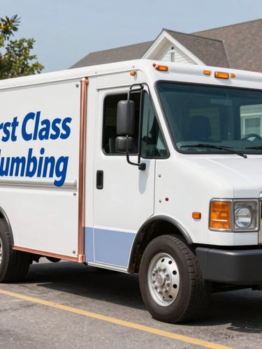 Medium shot of a clean First Class Plumbing service truck parked on a neat street in Newport Kentucky, bright daylight, professional commercial photography, sharp focus