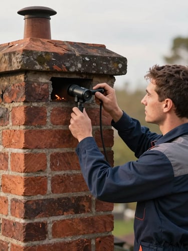 Medium shot of a professional chimney technician in work attire, inspecting a brick chimney flue with an inspection camera, focused and diligent, warm natural daylight, shallow depth of field.