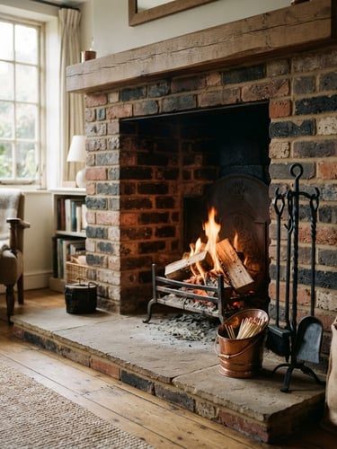 Warm, inviting fireplace hearth, recently cleaned, with professional chimney sweeping tools neatly arranged beside it, natural daylight streaming in from a window on the left.