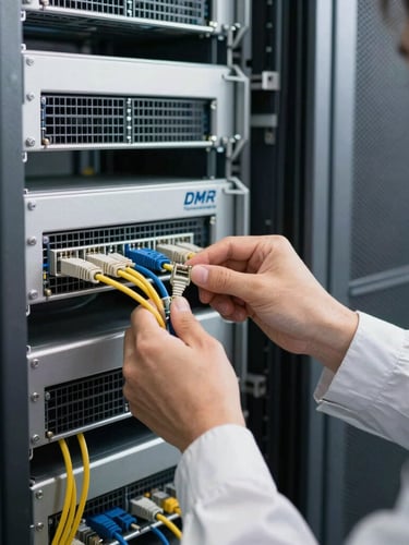 Medium close-up of a DMR Technologies technician in clean branded gear, precisely terminating a network cable in a neatly organized server rack, crisp architectural lighting, cool slate and metallic tones, sharp commercial photography.