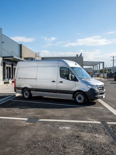 Wide panoramic shot of a clean, branded DMR TECHNOLOGIES LLC service vehicle, parked on a sunlit industrial lot, ready for dispatch, low horizon, cool slate and metallic tones, crisp focus.