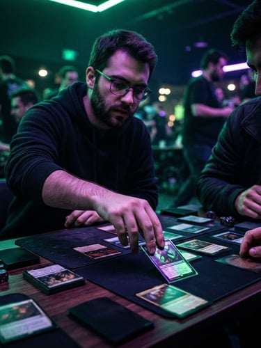 Dynamic low-angle shot of a pristine trading card tournament in progress under neon green and purple rim lights, players focused, high-contrast dark mood