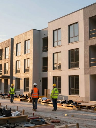 Active construction site of a modern multi-family townhouse in Detroit, diverse local workers in safety gear, warm golden hour daylight, 35mm.