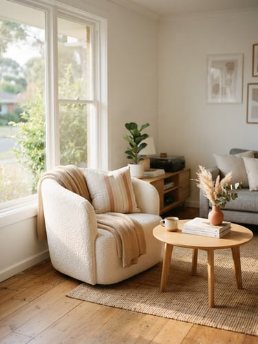 A bright, modern domestic living room with warm natural daylight streaming through a large window, clean interior design, 35mm photography