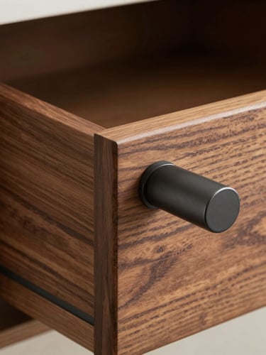 Extreme macro detail shot of a soft-close drawer mechanism, matte charcoal hardware, seamless joint with dark walnut wood, soft natural side light, technical precision