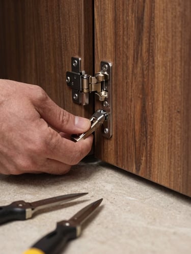 Extreme macro detail shot of a technician calibrating a concealed German hinge on a dark walnut cabinet door, clean professional tools resting on a nearby stone countertop, soft side light