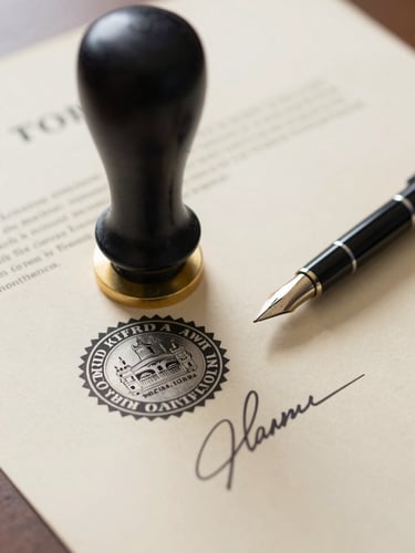 Tight close-up of a freshly notarized legal document, the official Florida notary embossed seal pressed into the paper at lower left, a pen resting beside a wet signature line, bright even indoor daylight from the left, shallow depth of field, cream document surface filling the frame