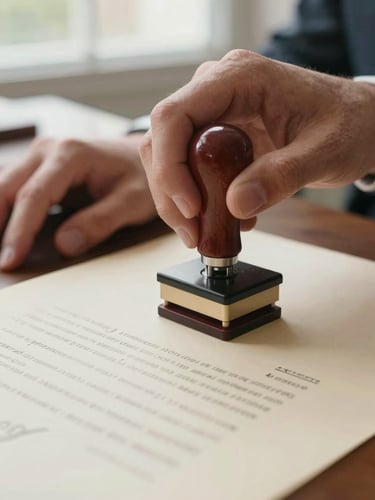 Close-up tight shot of a notary seal being pressed onto a signed document on a desk, hands centered in frame, bright even daylight from a nearby window, official stamp impression visible mid-press, cream paper texture sharp in foreground