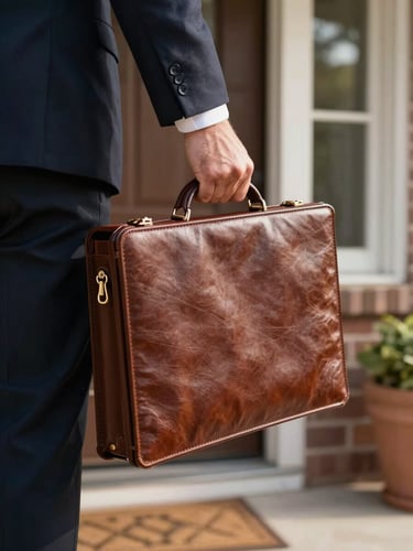 Close-up of a notary arriving at a residential front door, leather document folio in hand, warm afternoon light on a Florida neighborhood porch, tight framing on hands and briefcase