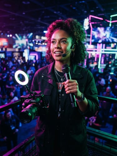 Low-angle heroic portrait of a confident digital creator under dramatic pink and green neon rim lighting, high-contrast studio editorial style.