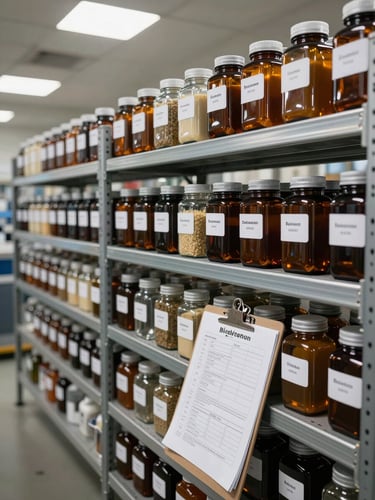 Wide environmental shot of a manufacturing facility interior shelf holding rows of labeled ingredient containers in amber and clear glass, batch documentation papers clipped to a clipboard resting against the lower shelf, bright functional overhead lighting, no people, neutral concrete floor visible at bottom edge