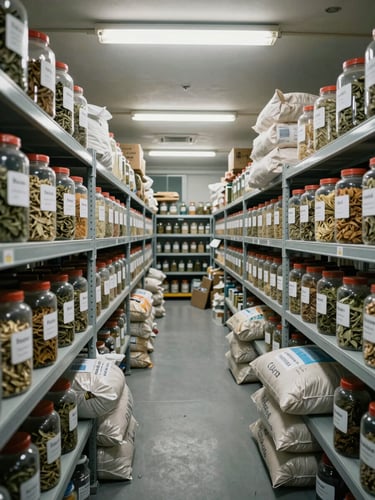 Wide environmental shot inside a herbal manufacturing facility storage area — rows of labeled ingredient containers and sealed bulk sacks arranged on shelving under cool overhead fluorescent light, no people, realistic working storage environment