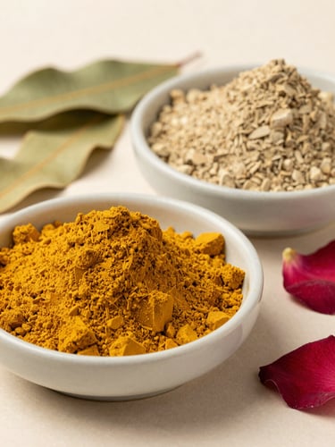 Extreme close-up portrait-orientation studio shot of raw botanical pigment powders — turmeric yellow and sandalwood beige — arranged in two small ceramic dishes on a neutral off-white surface beside dried neem leaves and a few whole rose petals, bright north-facing daylight from the left, sharp focus on powder texture, no props or lifestyle staging