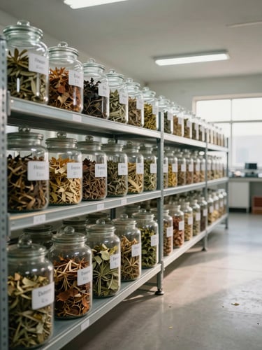 Wide environmental interior shot of a herbal manufacturing facility — rows of labeled raw material containers and glass jars of dried botanicals on metal shelving under bright overhead fluorescent and natural side light, facility floor visible, no people present