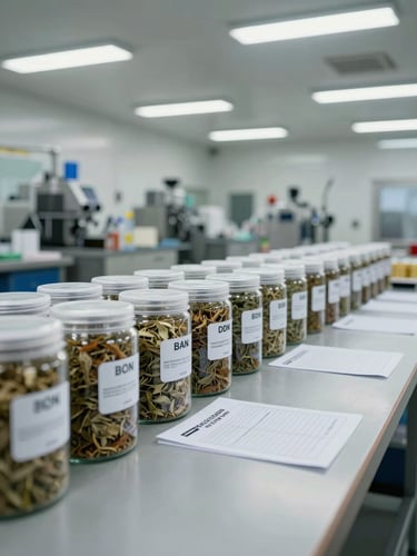 Wide environmental shot of a manufacturing facility packaging area, finished herbal product containers lined on a neutral-coloured workbench under bright overhead fluorescent light, batch label documentation visible on the surface beside them, no people, clean and functional