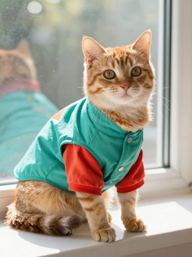 Bright warm photography of a comfortable cat wearing a colorful tailor-made teal shirt, sitting relaxed on a sunny windowsill, natural daylight, eye-level portrait, 35mm