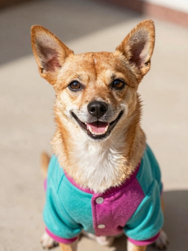 A happy small dog wearing a colorful teal and magenta shirt, looking up at the camera, warm natural daylight, eye-level portrait