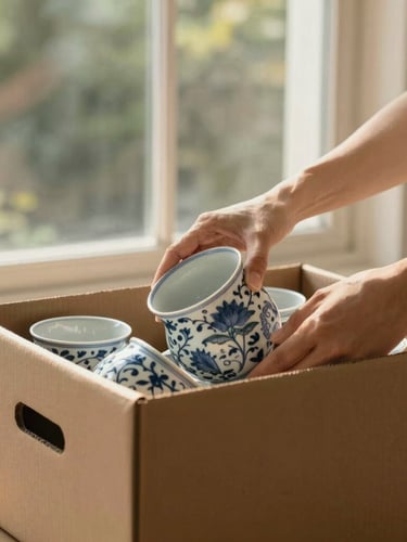 A medium-close editorial shot of hands gently packing heirloom porcelain into a sturdy cardboard box, warm golden-hour light streaming through a nearby window.
