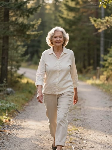 An elegant senior woman smiling softly while walking through a sunlit forest path in Quebec, warm golden hour light, soft focus green pine trees in the background