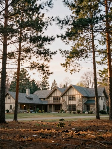 Wide panoramic view of a quiet Laurentian woodland estate at golden hour, soft sunlight filtering through pine trees, a warm stone-and-timber residence visible in the background, 35mm editorial photography.