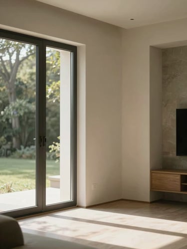 A medium-close editorial shot of sunlit warm interiors of a high-end residence, soft natural northern daylight, muted forest and cream tones, shallow depth of field, 35mm
