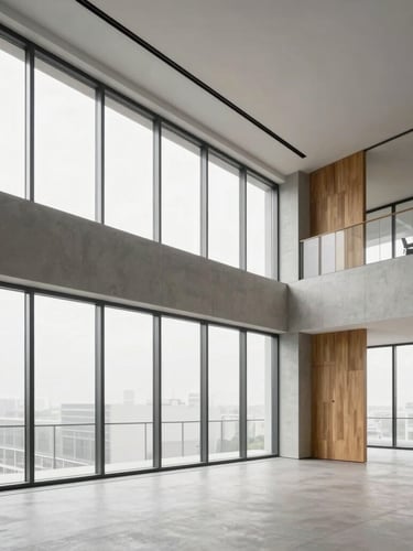 Wide environmental shot of a modern architectural office space with clean lines, soft diffused overcast daylight filtering through large windows, minimal concrete and oak wood details, 35mm lens, corporate professional