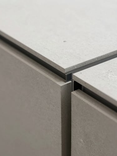 Tight close-up of high-quality architectural materials, concrete and steel joints, clean minimalist lines, soft natural lighting.