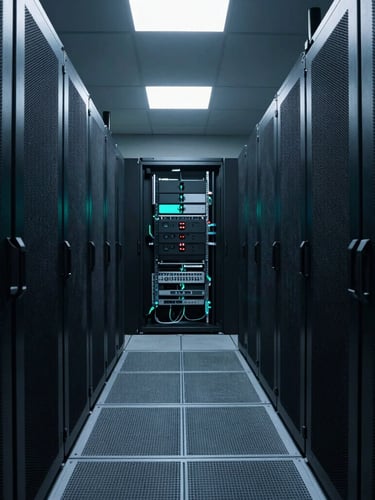 Wide environmental shot of a state-of-the-art server farm corridor, cool low-key ambient light, deep slate backgrounds, sharp teal accents