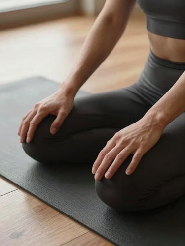 Overhead close-up of a facilitator's hands resting open on their own knees, seated on a yoga mat, warm diffused window light from the left, wooden floor grain visible below, stillness and quiet presence