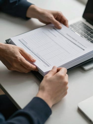 Close-up of hands organizing onboarding folders and compliance checklists on a clean gray desk under bright daylight.