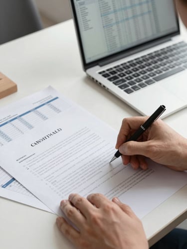 A close-up of a professional desk with structured payroll documents, a clean laptop showing spreadsheets, and hands signing a contract in natural office daylight.