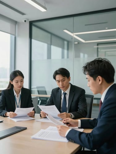 A professional environmental shot of a clean corporate office meeting room, structured glass walls, natural daylight, focused professionals looking at compliance documents on a table, high-contrast cool tones.