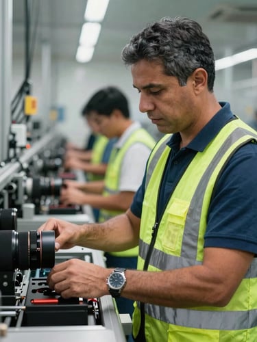 Plano medio de un supervisor industrial con chaleco de seguridad guiando a un técnico calificado en una línea de ensamblaje limpia, luz natural brillante, enfoque nítido.