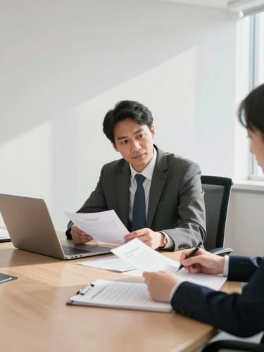 Medium shot of an organized corporate boardroom with clean white walls, a professional reviewing compliance documents under bright natural daylight.