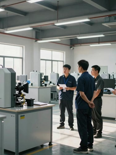 Wide environmental shot of a modern clean industrial training room, focused professionals observing a machinery demonstration under bright natural daylight, no dramatic shadows.