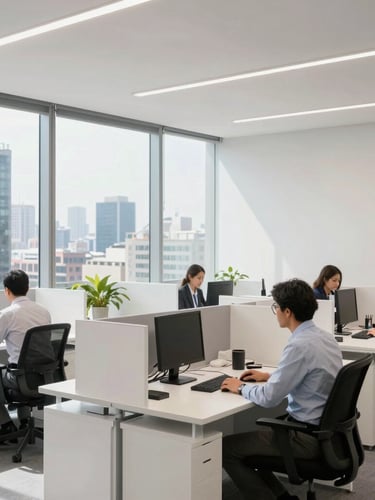 Environmental shot of a structured corporate office in Mexico City, bright natural daylight, focused professionals working at clean desks, clean white balance.