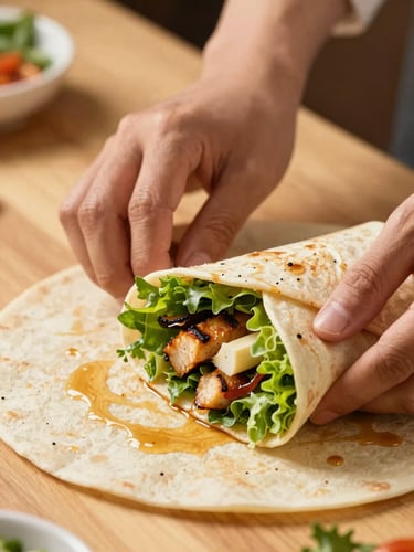 Warm editorial food photography, close-up of a chef hand-rolling a vibrant wrap filled with fresh greens and grilled ingredients, soft natural side-light, shallow depth of field