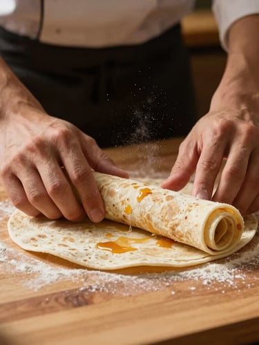 A chef's hands carefully rolling a fresh wrap on a clean wooden prep table, flour dusted in the air, warm side-lighting highlighting the texture of the flatbread