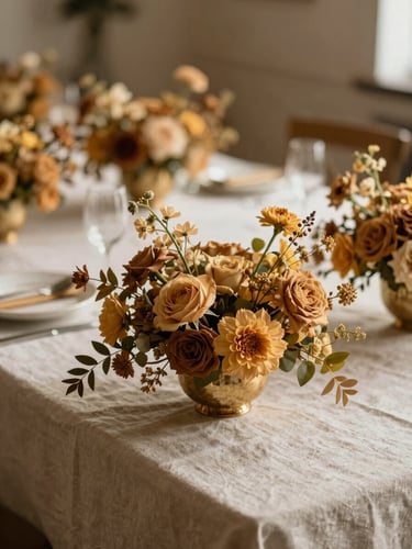 A warm, natural side-lit photograph of a beautifully set event table with linen cloths and golden-toned floral arrangements, shallow depth of field