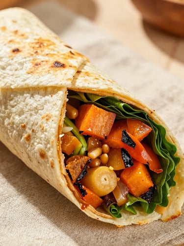 Close-up of freshly rolled artisan wraps sliced in half on a linen surface, vibrant interior textures of roasted vegetables and crisp greens, warm natural side-lighting