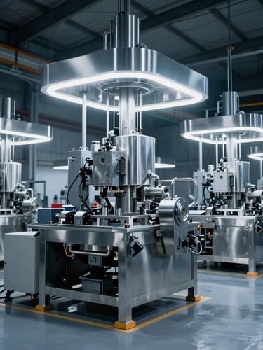 Wide shot of a modern, pristine manufacturing floor in Malappuram, Kerala, showing stainless steel industrial machinery under construction, sharp rim lighting, cool industrial blue-gray tones, 50mm