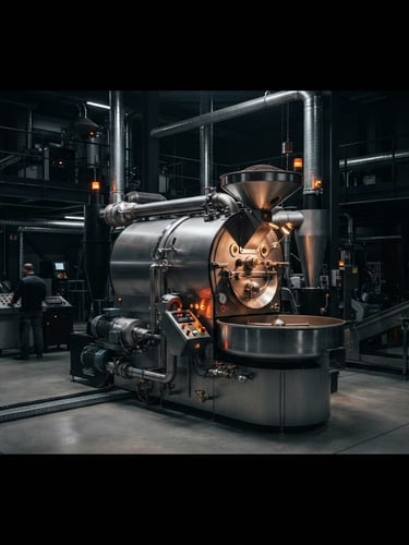 Wide panoramic of a pristine, high-tech factory floor, focus on a large stainless steel electric roaster with sharp rim lighting, dark moody background, orange indicator lights, 50mm lens.