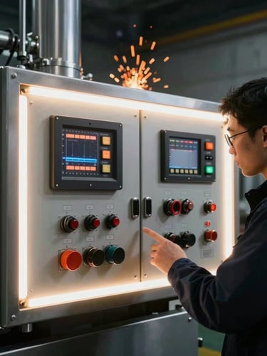 An engineer inspecting a complex custom control panel on a large stainless steel machine, dramatic rim lighting, orange sparks in the distant background, 50mm