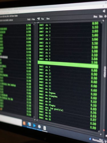 Macro close-up of a high-end monitor showing clean server logs and DNS records, glowing green accents, dark background