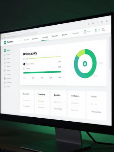 Macro close-up of a high-fidelity UI mockup displaying a deliverability dashboard on a sleek monitor. Low-key dramatic lighting, dark background with subtle deep green ambient glow and sharp emerald edge-lighting.
