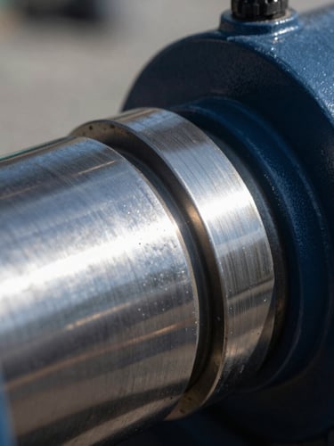 Macro close-up of heavy machinery components, industrial editorial photography, cool metallic daylight, sharp reflections, deep navy and steel tones, 35mm lens