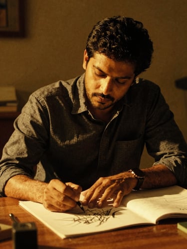Cinematic portrait of Srikant sketching at a wooden desk in a dimly lit room, harsh golden light hitting his hands, rich charcoal shadows, 35mm film grain.