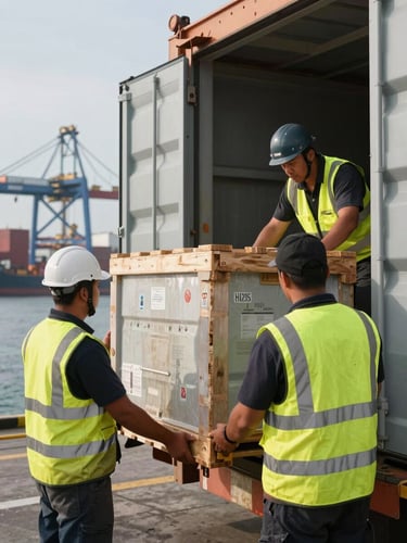 Close-up of dock workers in high-visibility vests unloading a freight pallet from a cargo hold at a French port, natural daylight, industrial scale visible in the background, operational composition